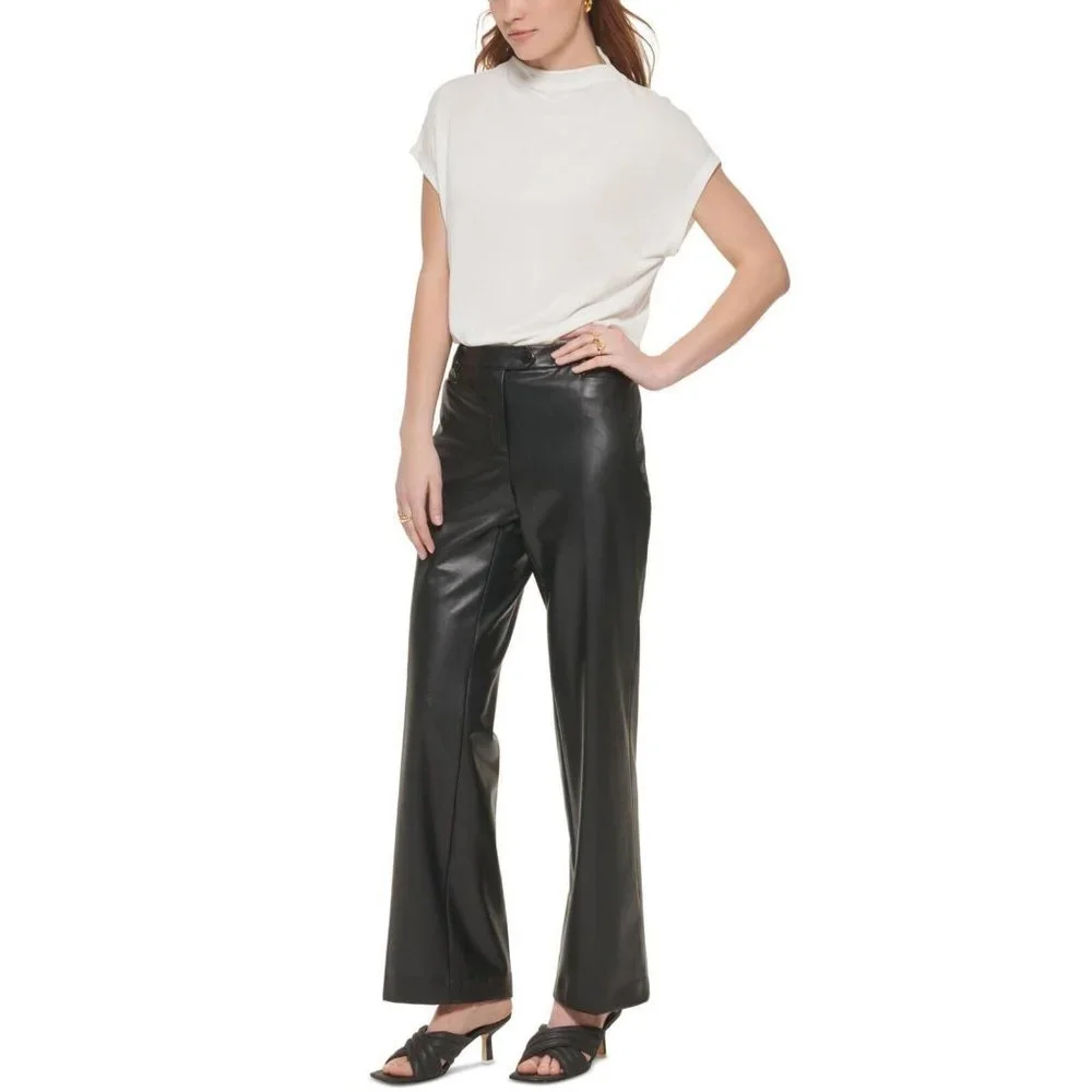 NWT Calvin Klein Petite Faux-Leather Mid-Rise Career Pants T28P1477 6P Black - Picture 4 of 4